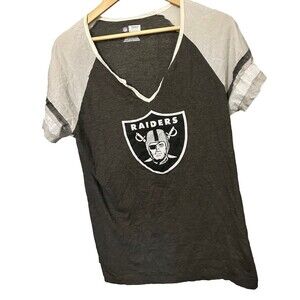 Las Vegas Raiders NFL Women's XL Gray and White V-Neck Shirt Raider Shield logo
